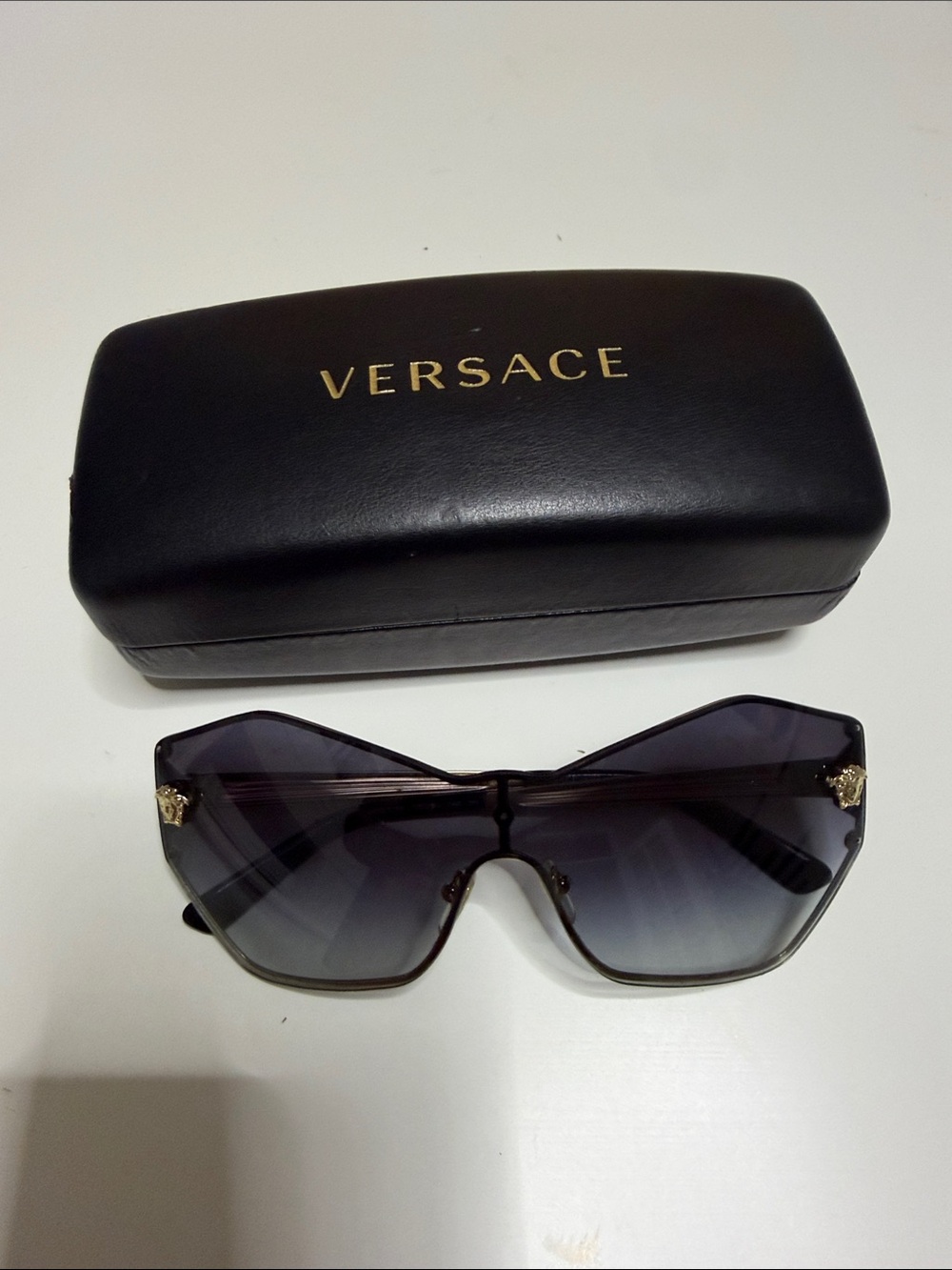 Versace Black Gradient Shield Sunglasses with Gold Medusa Accents
